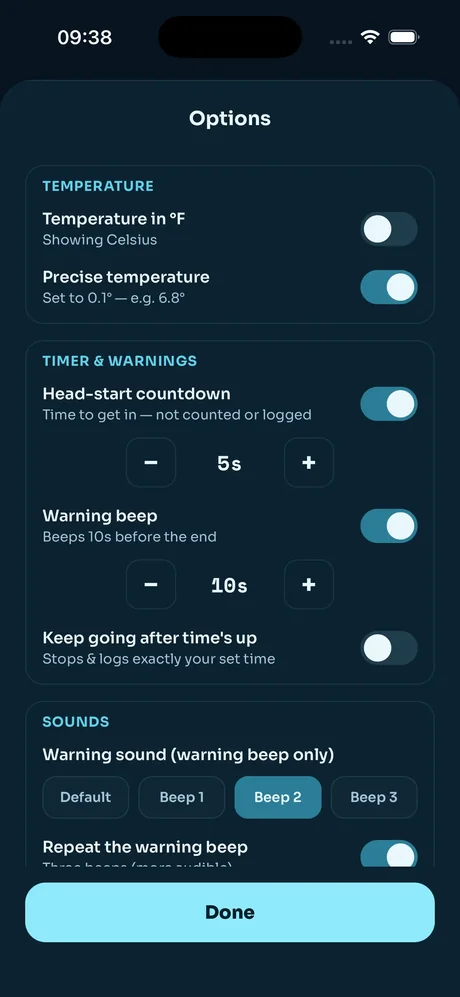 Timer and warning options screen